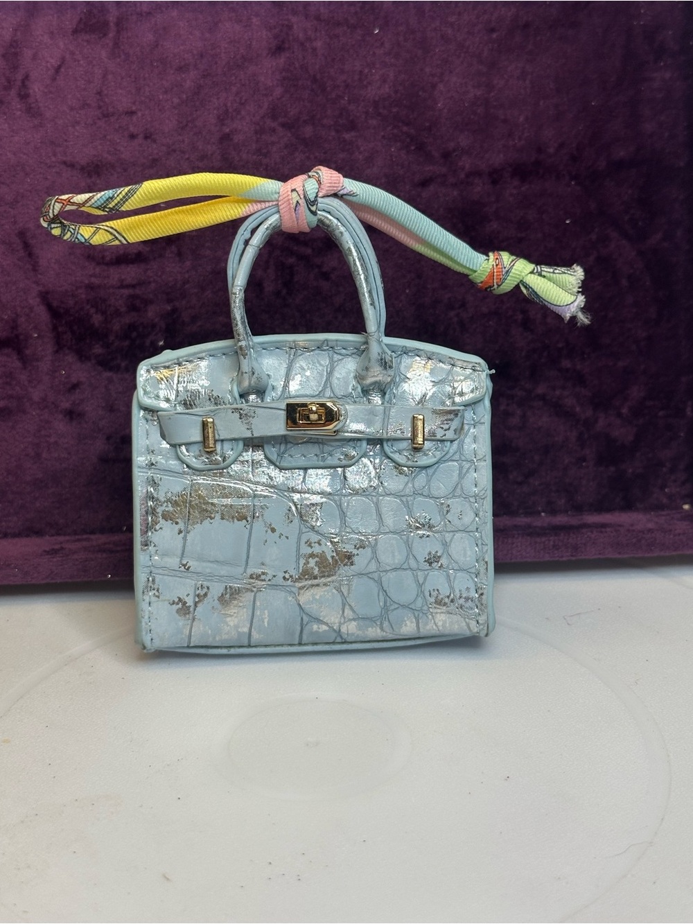 Mini Bag Charm Baby Blue Silver Foil Croc Gold Hardware
